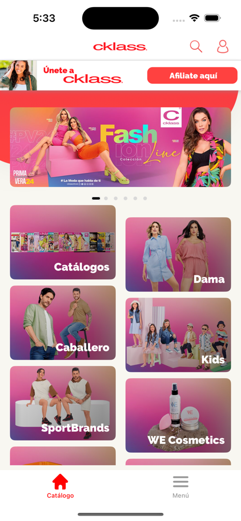 CklassApp - Pantalla principal de CklassApp mostrando categorías de compras para catálogos, mujer, hombre, niños y cosméticos.