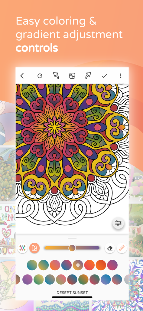 Interface showing gradient adjustment controls and a vibrant mandala being colored in the Color Matters app