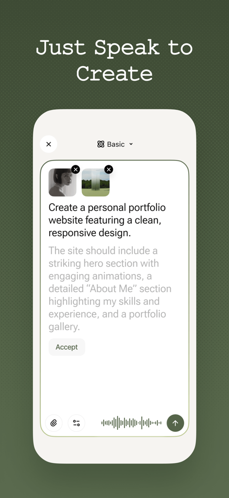 YouWare-Vibe Code Apps with AI - AIでパーソナルポートフォリオWebサイトを作成するための音声プロンプトを表示するYouWareモバイルアプリインターフェース