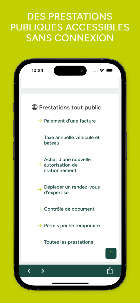 Guichet unique - Capture d'écran de l'application Guichet unique affichant une liste de services publics disponibles sans connexion