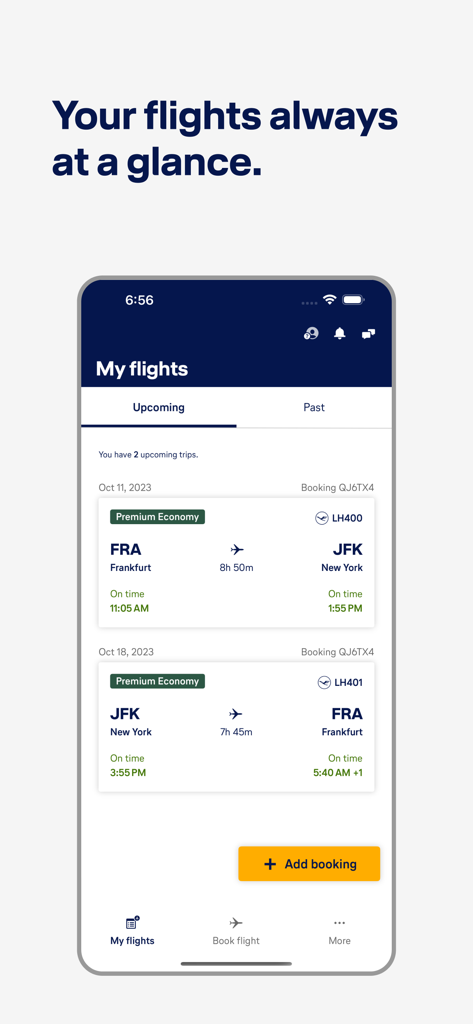 Lufthansa app screen displaying upcoming flight itinerary and trip details for Frankfurt and New York flights