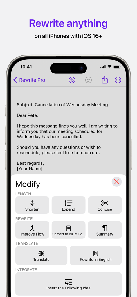 Rewrite Pro: AI Text Editor - Application Rewrite Pro sur iPhone montrant l'édition de texte par IA et les outils de réécriture pour les e-mails professionnels.