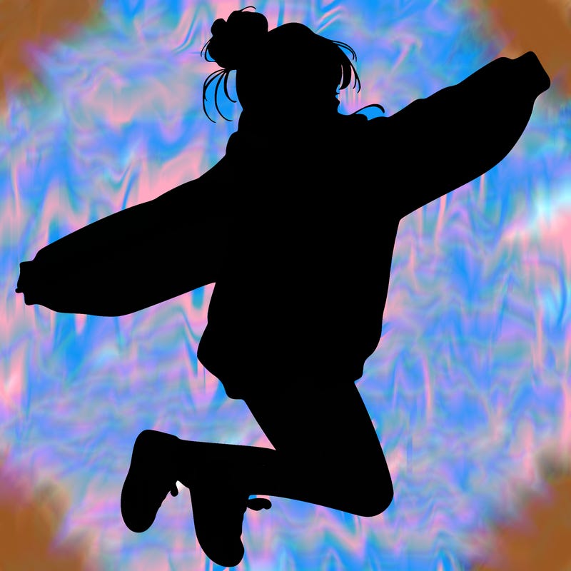 realistic girl jumping with a bun and oversized sweatshirt