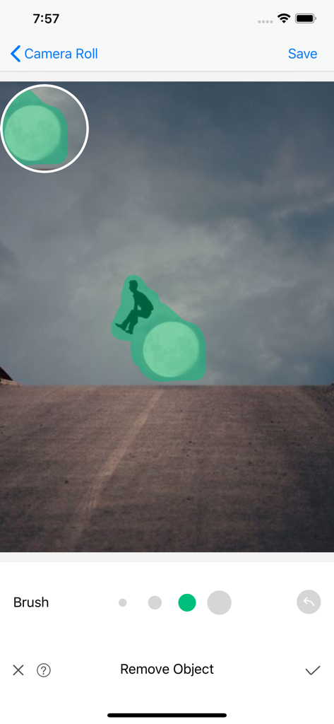 Interface showing the brush tool being used to select an unwanted silhouette for removal in the Object Removal Pro app