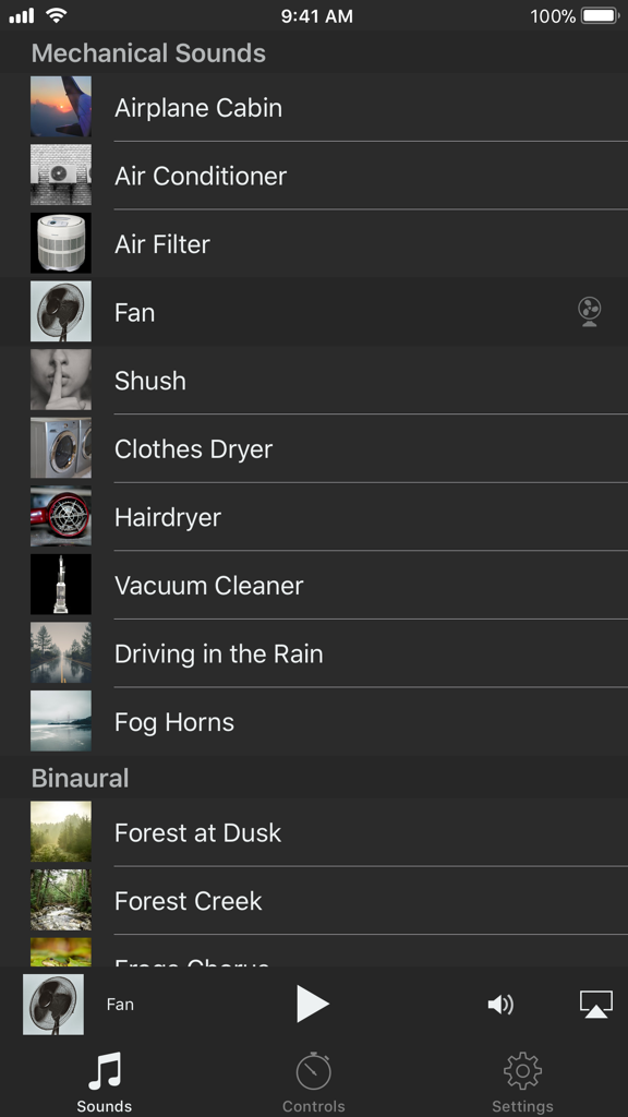 Mobile app interface showing a list of mechanical and binaural sounds for sleep and focus