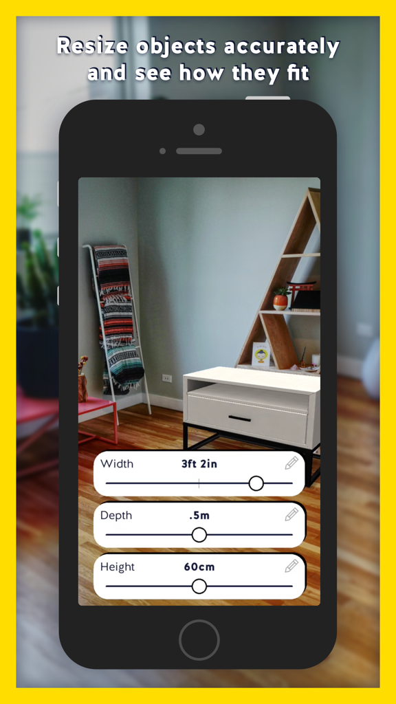 Housecraft - A smartphone screen showing the Housecraft app using augmented reality to resize a 3D furniture model in a living room