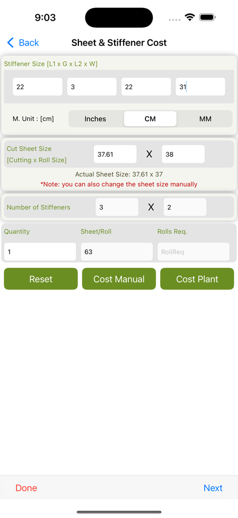 App interface for sheet and stiffener cost calculations in the packaging industry