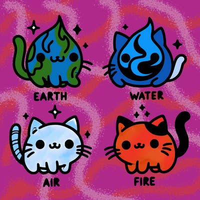 4 cats that represent the different elements, earth, water, air, and fire