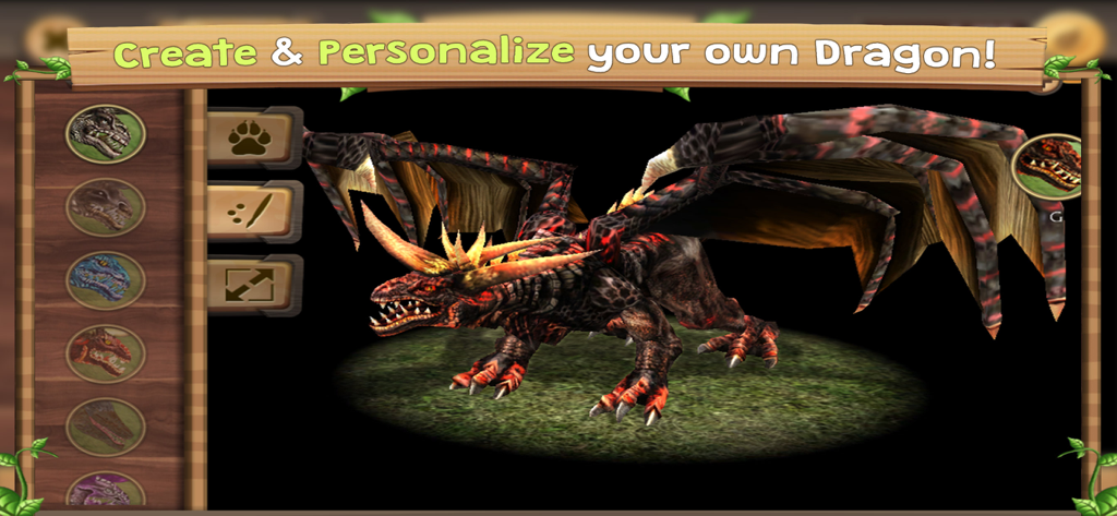 Dragon Sim Online - Pantalla de personalización de personajes de Dragon Sim Online que muestra un dragón 3D personalizado con escamas negras y rojas