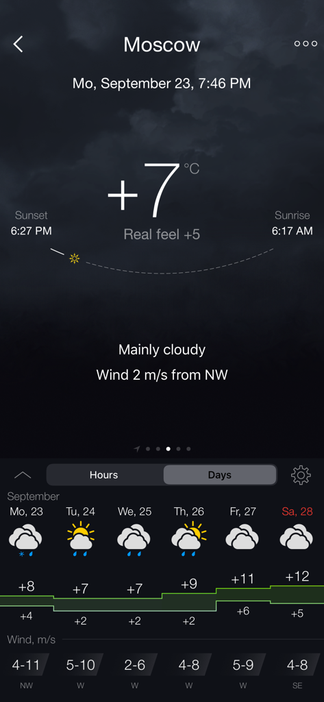 Gismeteo - Interfaz de la aplicación meteorológica Gismeteo mostrando la temperatura actual y el pronóstico semanal para Moscú.