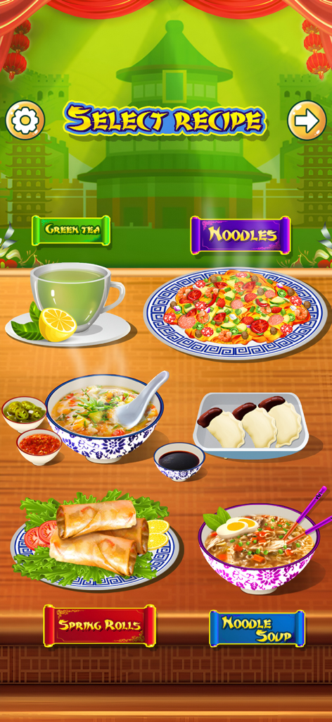 Chinese Food - Cooking Game - Main recipe selection menu in the Chinese Food Cooking Game showing dishes like noodles dumplings and spring rolls