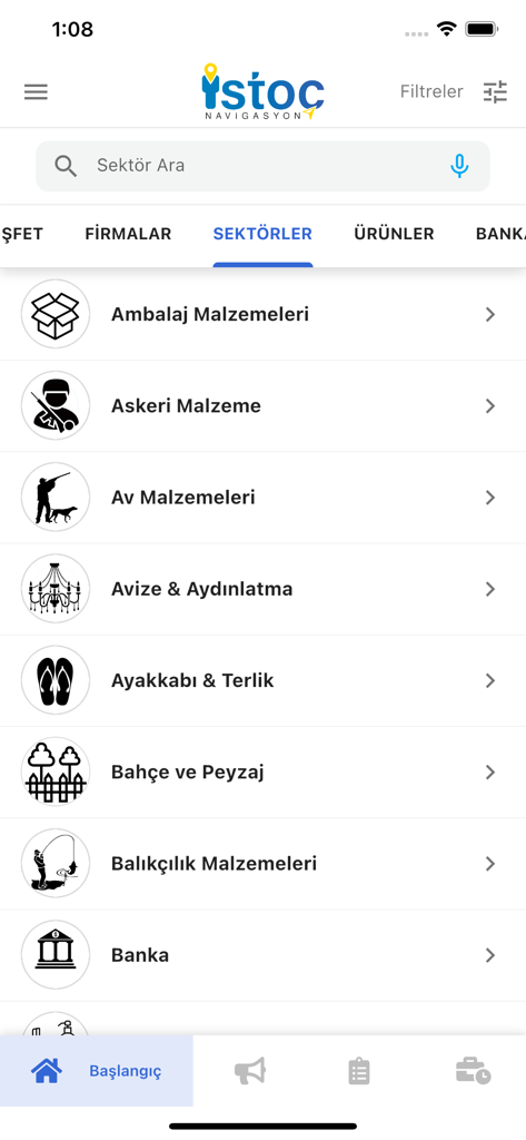 Interface of the ISTOC Navi app displaying a directory of business sectors for wholesale trade