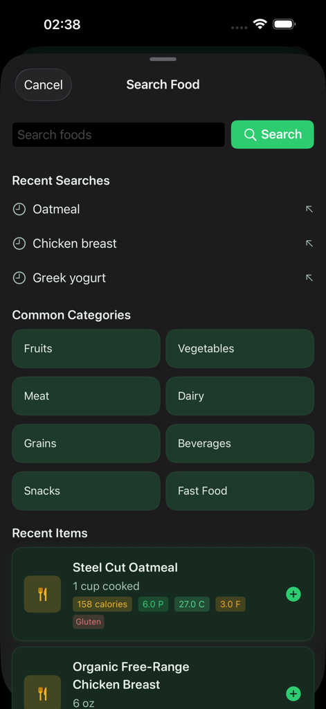 GutCheck — Gut Health Tracker - GutCheck app food search screen showing categories like fruits and vegetables along with recent food logs for oatmeal and chicken breast