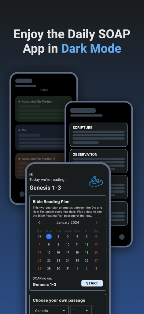 Daily SOAP - Bible reading app - Daily SOAP Bible reading app interface displayed in dark mode theme.