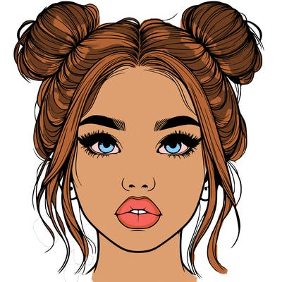 realistic girl with two buns on her hair and lips