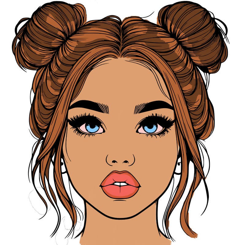 realistic girl with two buns on her hair and lips