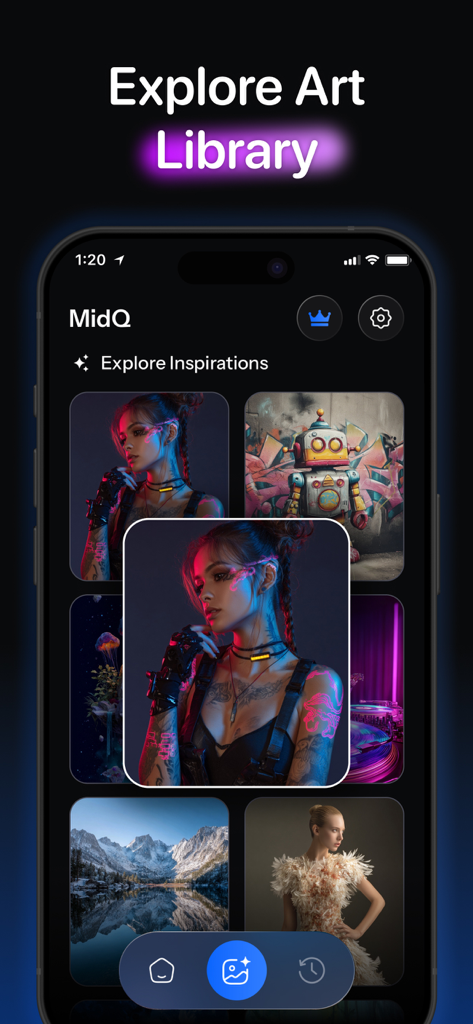 Prompts for Midjourney AI: MLX - A mobile app interface showing a library of AI generated art inspirations like characters and landscapes.