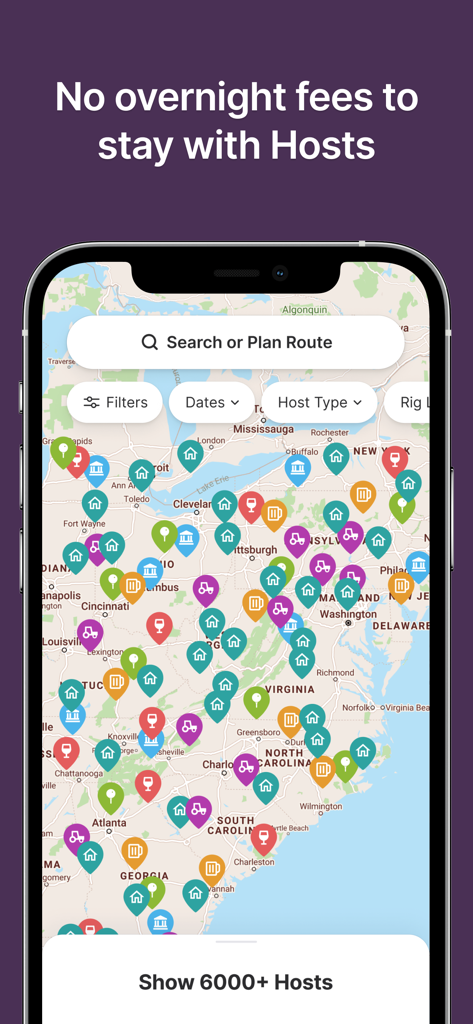 Map view of the Harvest Hosts app displaying thousands of unique host locations for RV camping across the United States