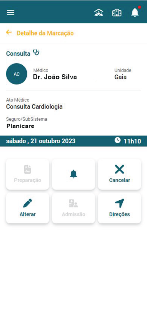 Trofa Saude 24 app appointment details screen showing a cardiology consultation with Dr Joao Silva