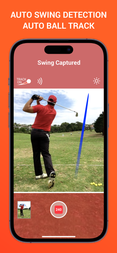 Swing Profile app interface showing auto swing detection and ball tracking features during a golf swing analysis
