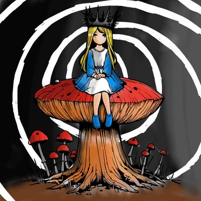 realistic girl sitting on a huge tree stump size toadstool with thorn crown