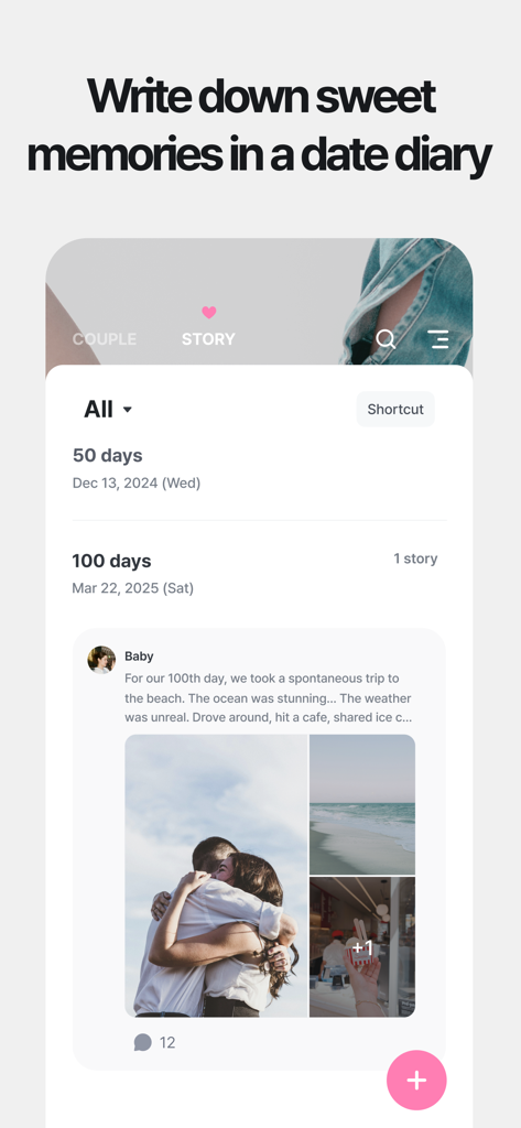 Interface of The Couple app showing a digital diary with romantic photos and anniversary milestones like one hundred days.