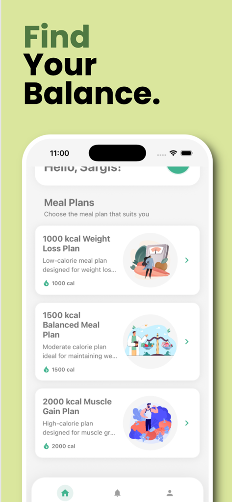Fiti - Balanced food - Fiti app interface displaying weight loss balanced and muscle gain meal plans