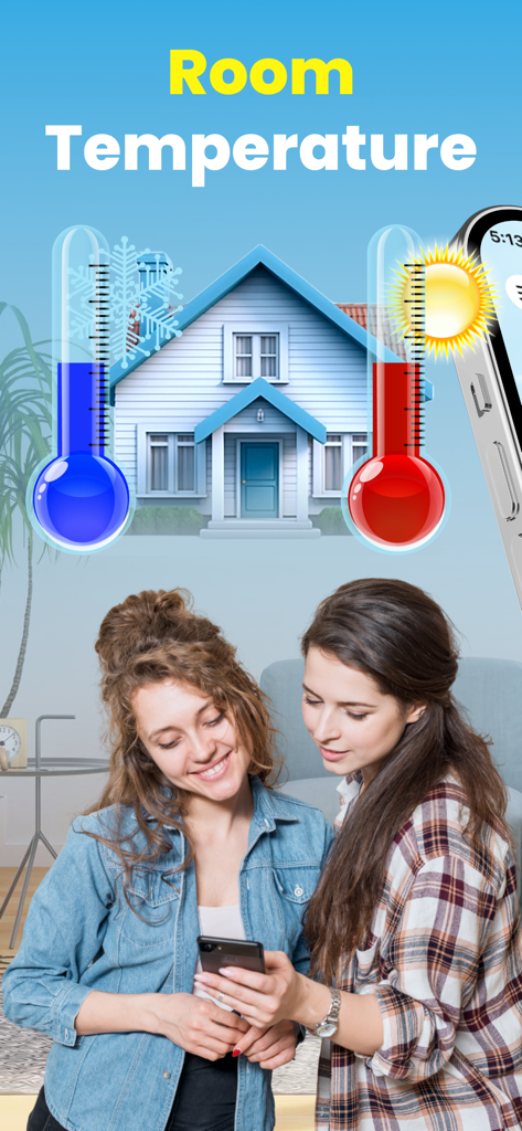 Thermometer: Room Temperature - Zwei Frauen benutzen eine Raumthermometer-App, um die Innentemperatur des Hauses zu überprüfen