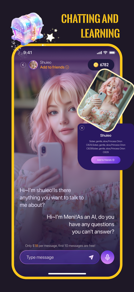 A chat interface in the Ailica app featuring a pink haired AI companion named Shuieo.