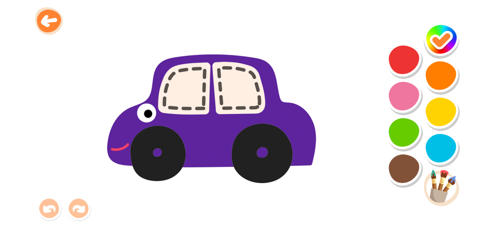 Kidify: Kids Color, Play, Talk - A purple car drawing screen in the Kidify app with a colorful paint palette for toddlers