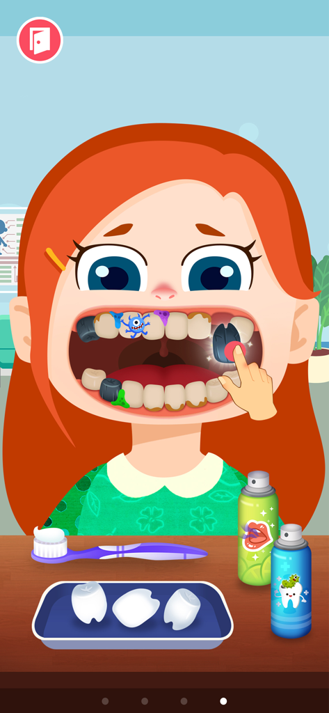 A child playing a dentist minigame treating a cartoon girl's teeth