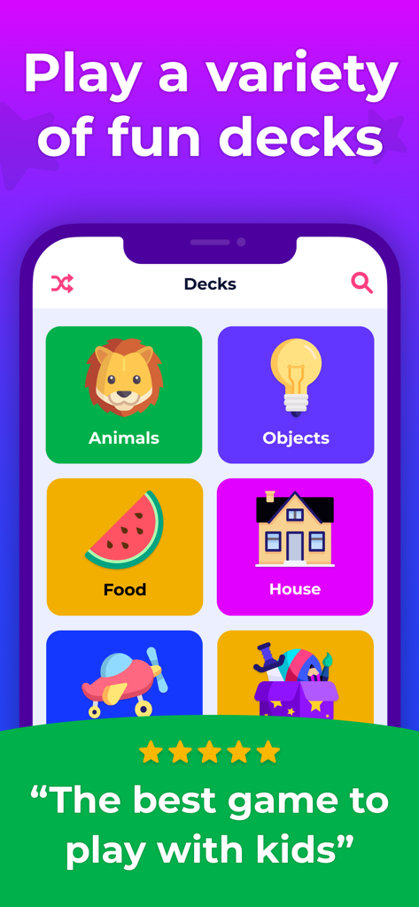 Charades for Kids - Guess Up - キッズ向けジェスチャーゲームアプリのモバイル画面。動物、物、食べ物、家など、カラフルなゲームカテゴリーが表示されています。