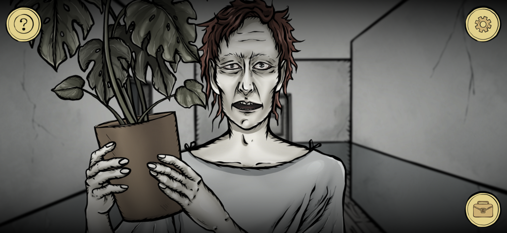 Escape Room: Strange Case 2 - Un personaje sosteniendo una planta en maceta en un pasillo oscuro de Escape Room Strange Case 2