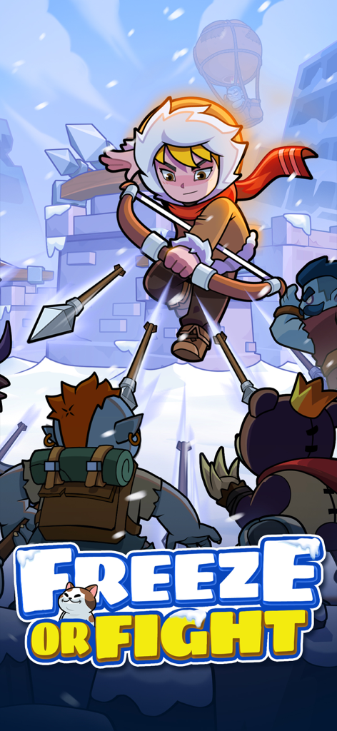 Frost Saga: Tower Defense - An archer hero jumping over monsters in a winter setting with the text Freeze or Fight