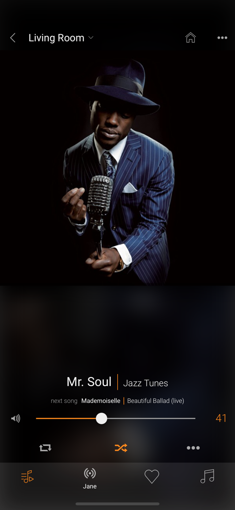 Music player interface of the Basalte Home app showing audio controls for the living room.