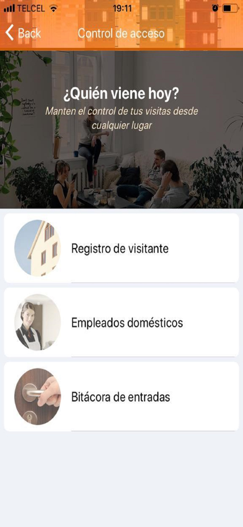Mobile App-Oberfläche für Kolonus mit Optionen zur Besucherzugangskontrolle wie Besucherregistrierung und Protokollen.