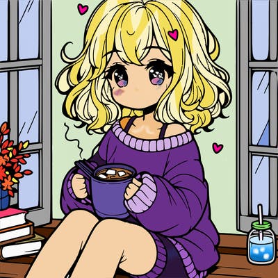cute anime girl reading book and drinking hot chocolate from mug with loose wavy hair wearing a baggy sweatshirt and shorts sitting by windowsill looking out