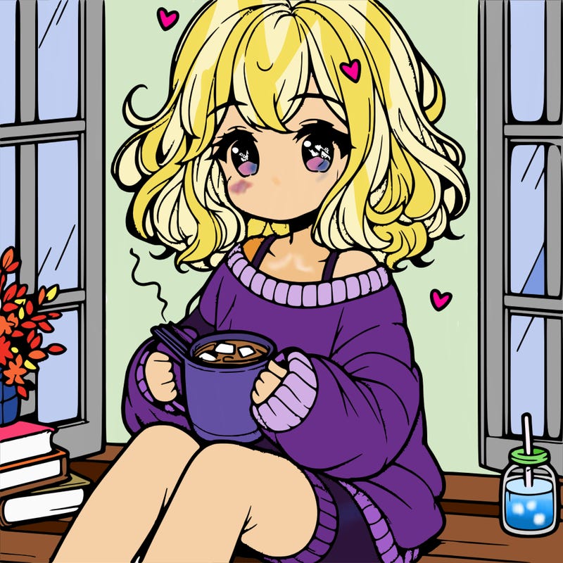 cute anime girl reading book and drinking hot chocolate from mug with loose wavy hair wearing a baggy sweatshirt and shorts sitting by windowsill looking out