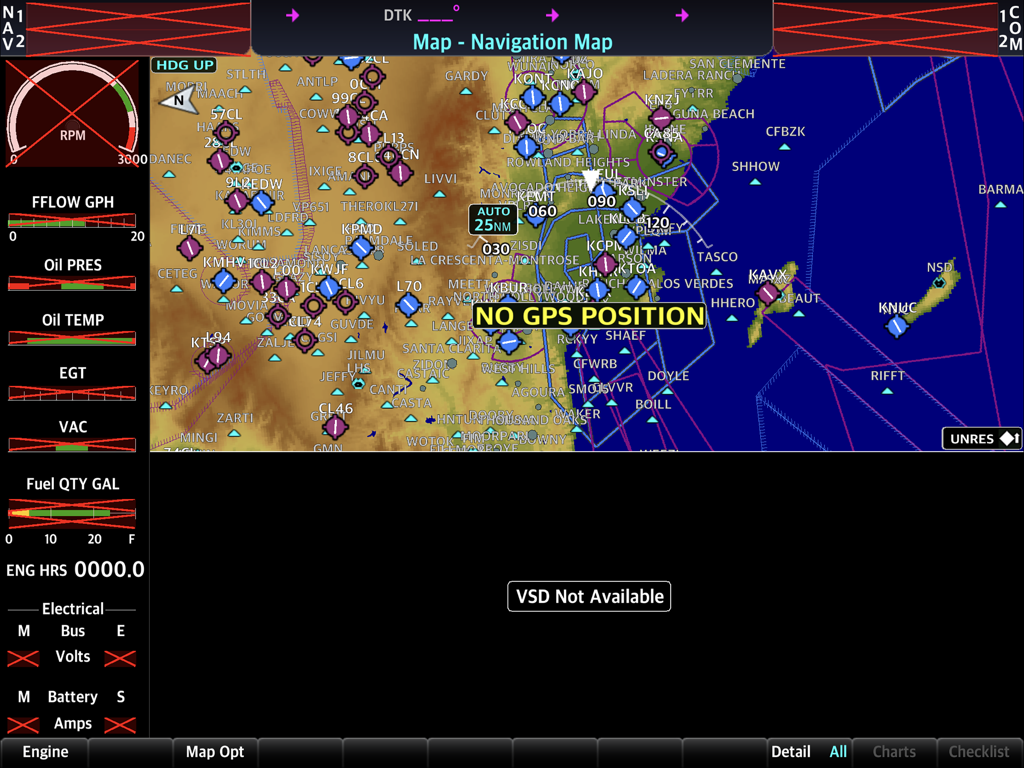 Interfaz de la aplicación SIMiONIC G1000 NXi mostrando un mapa de navegación con detalles topográficos y medidores de monitoreo del motor.