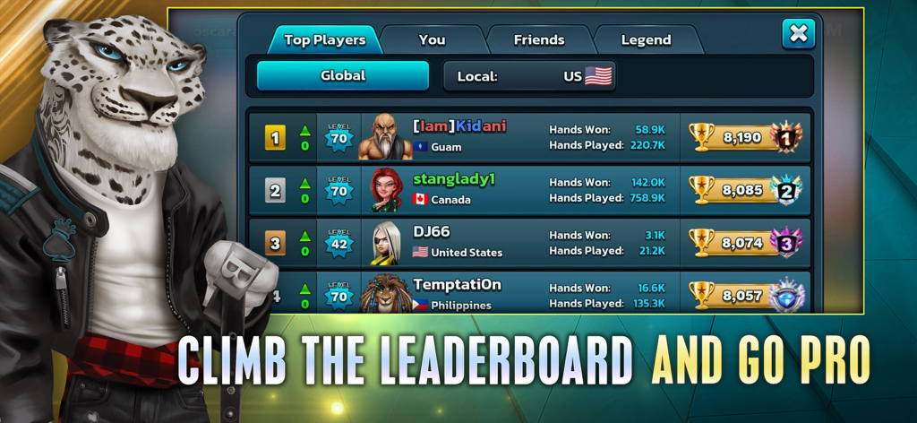HD Poker: Texas Holdem - Global leaderboard showing top players and trophy rankings in HD Poker Texas Holdem