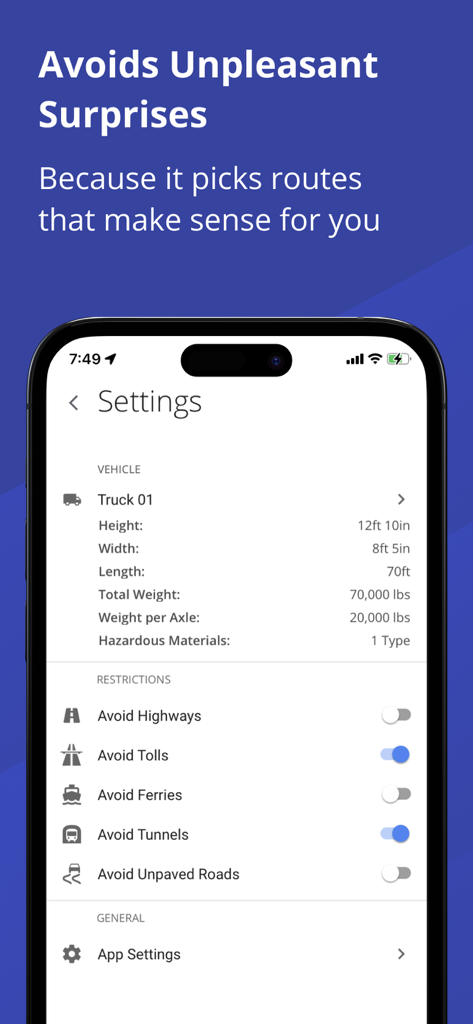 Route4Trucks - Truck GPS App - Vehicle dimensions and route restriction settings in the Route4Trucks app