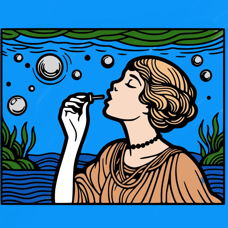 pop art style woman blowing a bubble underwater
