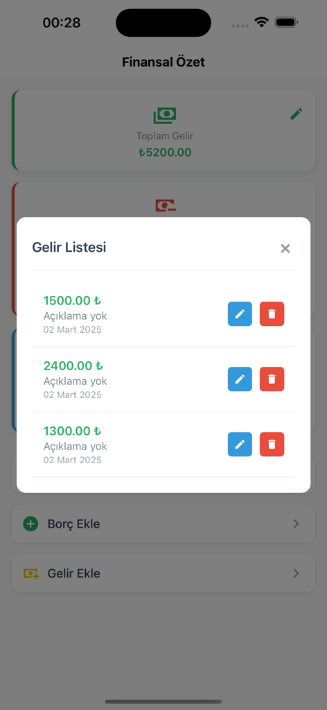Borç Takipの財務概要画面で、トルコリラ建ての収入エントリのリストが表示されるモーダルポップアップ。