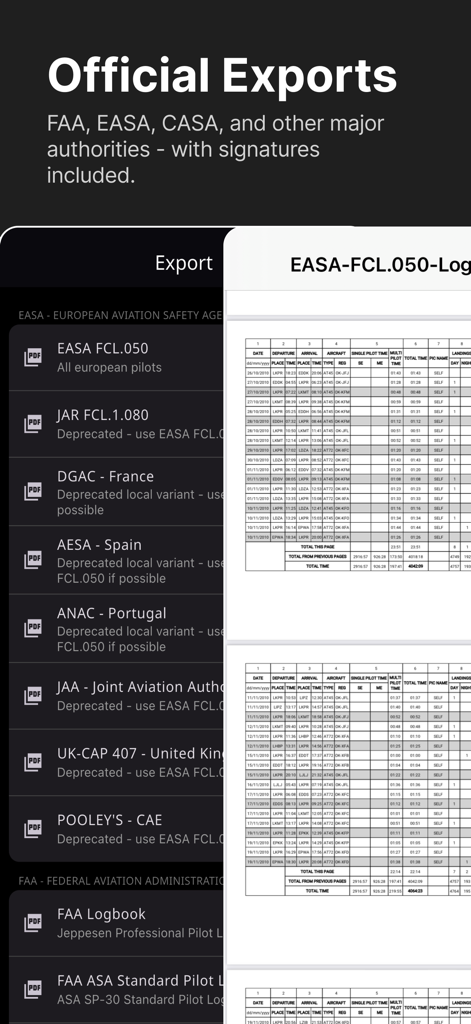 Interface of the FLYLOG.io app showing official logbook export formats for FAA EASA and CASA compliance