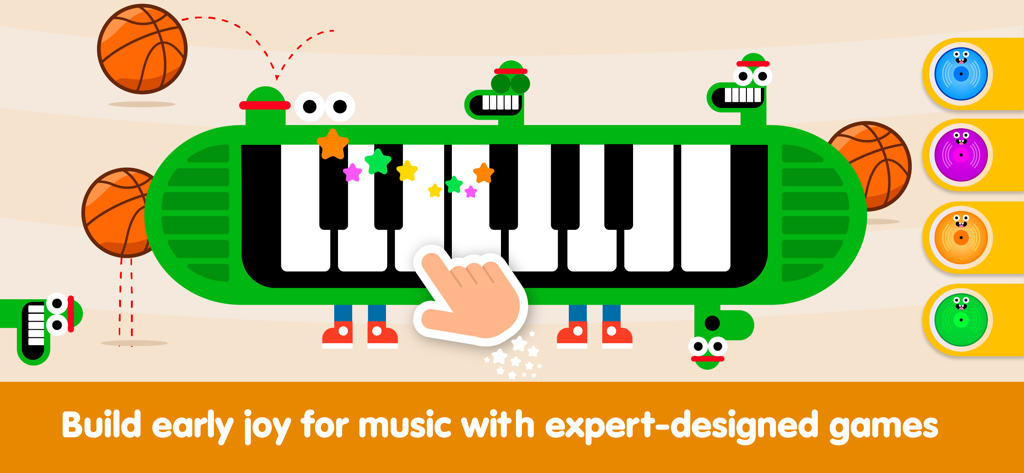 Kids Piano Fun: Music Games - A green character shaped like a piano with a hand tapping a key in a colorful toddler music game.