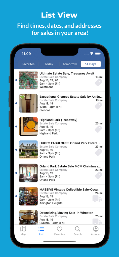 Estate Sales - EstateSales.NET - Interfaz de la aplicación EstateSales.NET que muestra una lista de ventas de fin de existencia locales con fotos, fechas y distancias