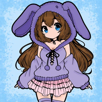 pretty anime girl wearing a fluffy hoodie with bunny ears on the hood and a skirt