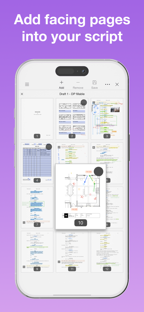 Benutzeroberfläche der Scriptation-App, die die Hinzufügung von Grundrissen und Facing Pages zu einem digitalen Filmdrehbuch zeigt.