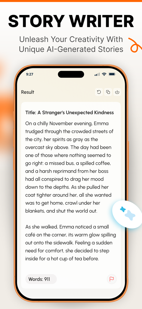 AI Writer: Essay, Story, Email - AI Writer app interface displaying an AI generated story titled A Strangers Unexpected Kindness