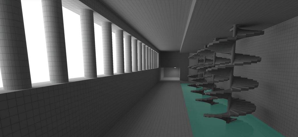 Noclip : Backrooms Multiplayer - Un couloir d'espace liminal avec des piliers et des escaliers en colimaçon au-dessus de l'eau dans Noclip Backrooms Multiplayer.